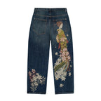Y2K Harajuku jeans Goth vintage plum blossom embroidery pattern wide leg pants men women denim fabric American style street wear - Matrix Studios