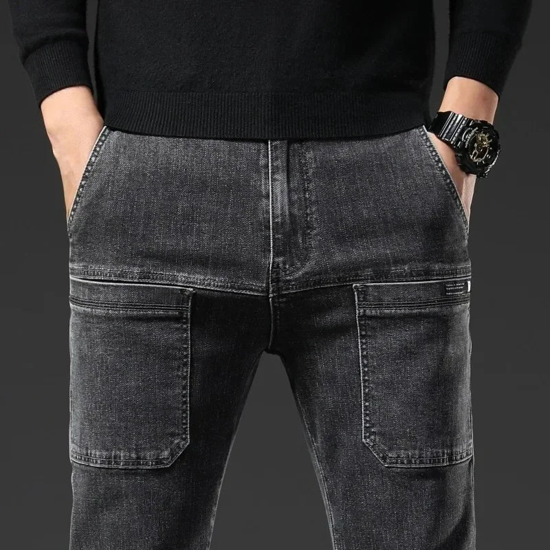 Spring Summer Thin Six Pocket Men's Jeans Elastic Straight Leg Casual Slim Fit Jeans Versatile Multi-Pocket Long Y2K Denim Pants - Matrix Studios
