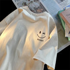 Men Women's Smiling Face Funny Fashion Couple Short Sleeved T-shirt American Basic Simple Oversized Loose Boys' Pullover Top - Matrix-studios.com