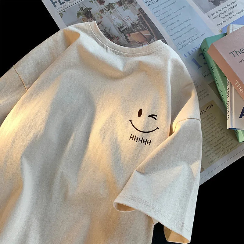 Men Women's Smiling Face Funny Fashion Couple Short Sleeved T-shirt American Basic Simple Oversized Loose Boys' Pullover Top - Matrix-studios.com