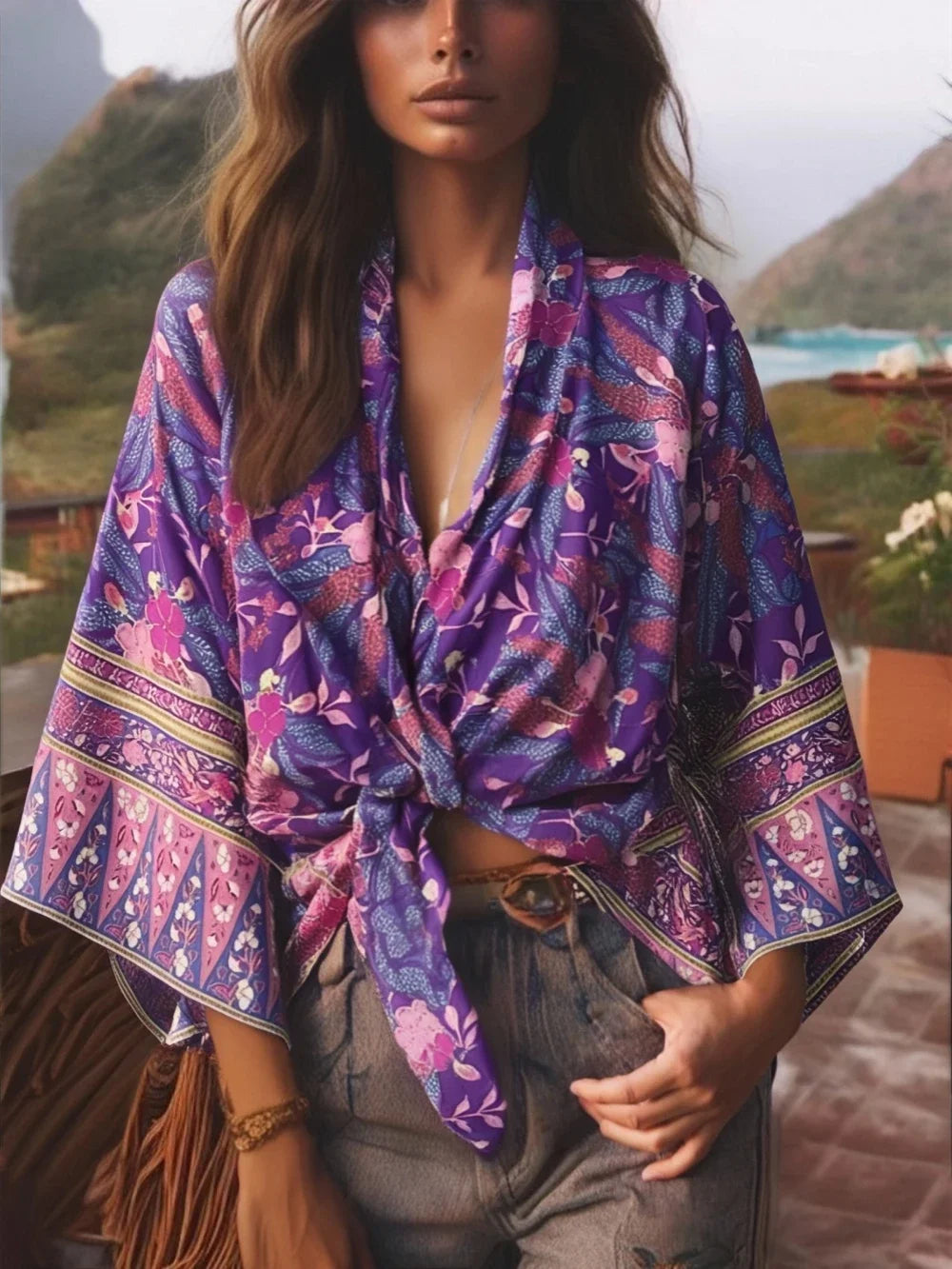 Happie Queens Floral Print Sashes Short  Kimono Women Fashion V Neck Batwing Sleeves Robe Lady Boho Bikini Cover-ups - Matrix Studios