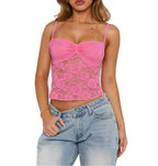 Women's Summer Lace Cami Tops Sleeveless Ruched Front Solid Color Camisole Slim Fit Tank Tops - Matrix-studios.com