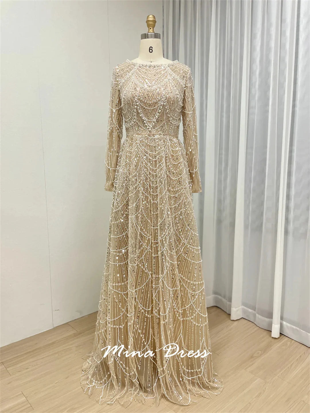 Mina Customized Beads Luxurious Women's Evening Dresses for Formal Occasions Sequins. Long Sleeves Round Neck Luxury Party Dress - Matrix-studios.com