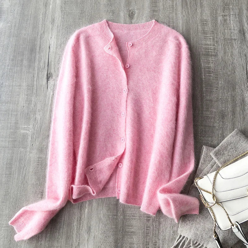 Brushed Wool Cashmere Warm Cardigan Women, O-Neck Seamless Soft Sweater - Matrix Studios
