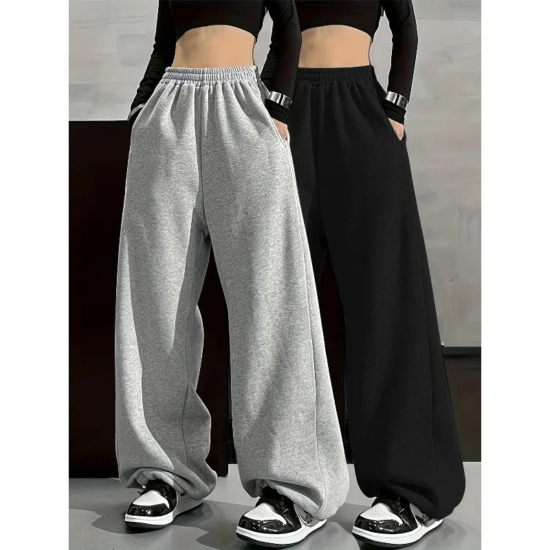Solid Color Comfortable Wide Leg Pants with Elastic Waist Pocket, Casual Loose Fit for Autumn and Winter - Matrix-studios.com