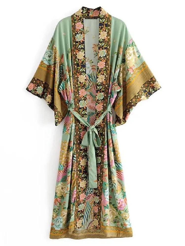 Bohemian Printed Bikini Cover-ups Green Tunic Long Kimono Cardigan Plus Size 2023 Women Beach Wear Swim Suit Cover Up A155 - Matrix Studios
