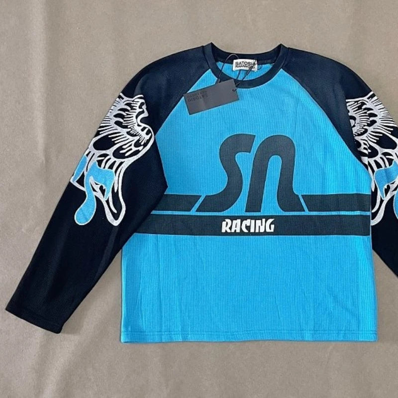 Waffle Washed Wax Printed SATOSHI NAKAMOTO SN Racing Long Sleeve T‑shirt High Quality Tops Men Women Casual Tee - Matrix-studios.com
