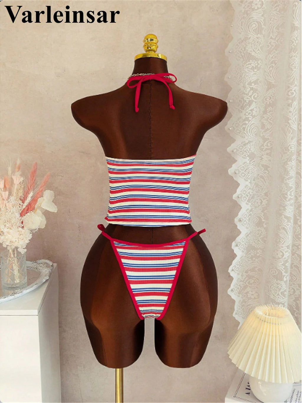 S - XL Striped V Neck Tankini Halter Bikini Female Swimsuit Women Swimwear Two-Pieces Bikini Set Bather Bathing Suit Swim V8110 - Matrix-studios.com