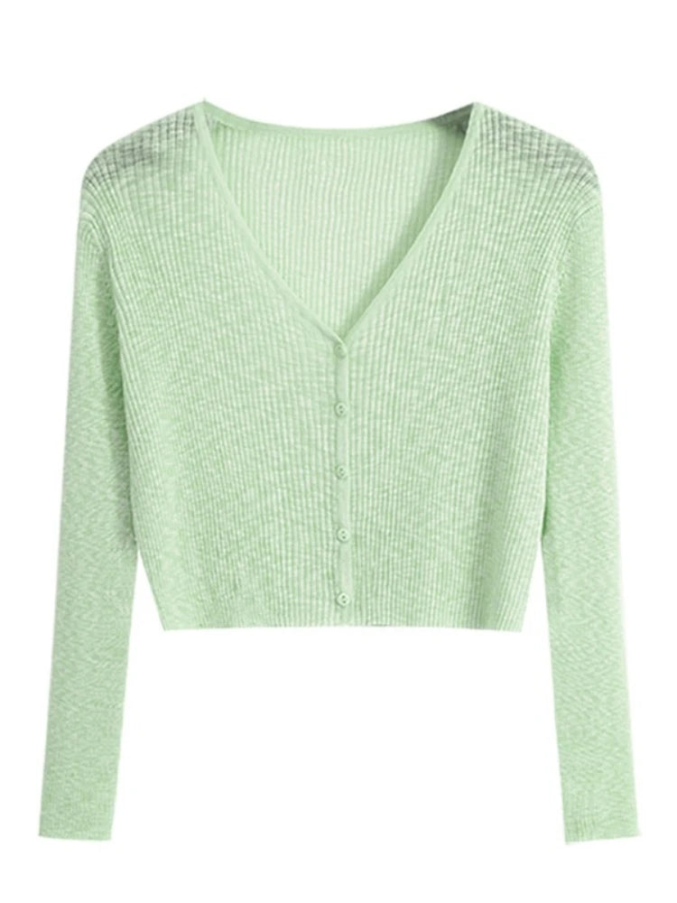 2026 Summer Thin Air Conditioning Blouse Ice Silk Knit Sun Protection Women Cardigan Solid Color Casual Short Shawl Outerwear - Matrix Studios