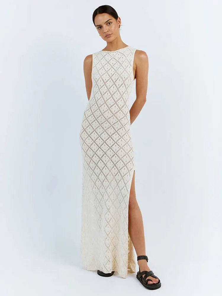 Sexy Cut Out Slit Knit Mesh Swimsuit Cover Up Pareo Tunic 2026 Summer Beach Maxi Dress Bikini Cover-ups Women Beachwear A2318 - Matrix Studios