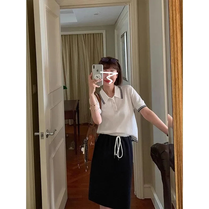 Summer High-end Fashion Polo Neck Knitted Shirt Slim Short Sleeve Tops Women Sexy Button T-shirt Office Lady Knitwear Y2k Tops - Matrix-studios.com
