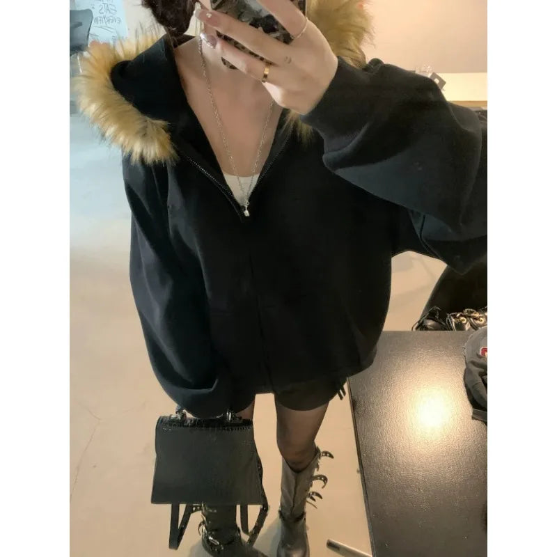 Subculture Gothic Women Coats with Hoodies Vintage Korean Harajuku Black Jackets Faux Fur Coat Female Loose Casual Sweatshirt - Matrix Studios
