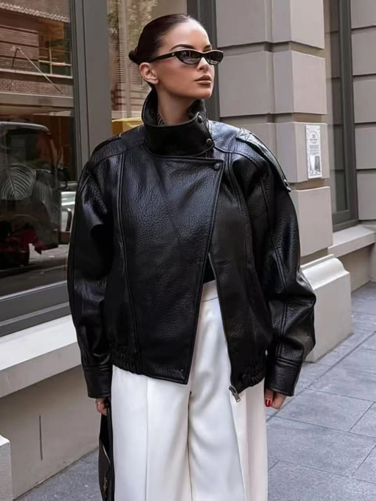 TFMLN 2025 Women Faux Leather Loose Jacket High Street Stand Collar Long Sleeve Coat Fashion Causal Zipper Outwear Autumn Winter - Matrix Studios