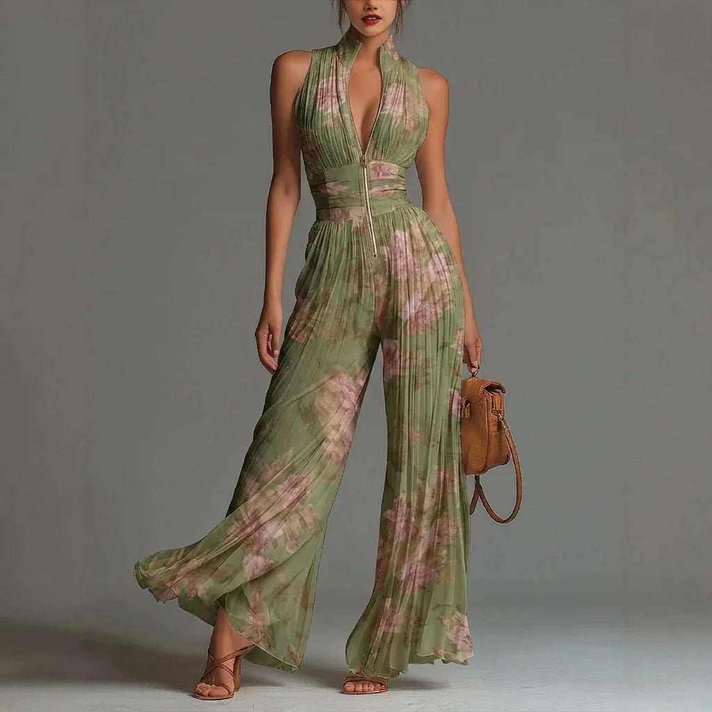 Women Elegant Chiffon Sleeveless Jumpsuit High Waist Pleated Flowy Wide Leg One Piece Overalls Holiday Casual Streetwear Rompers - Matrix Studios