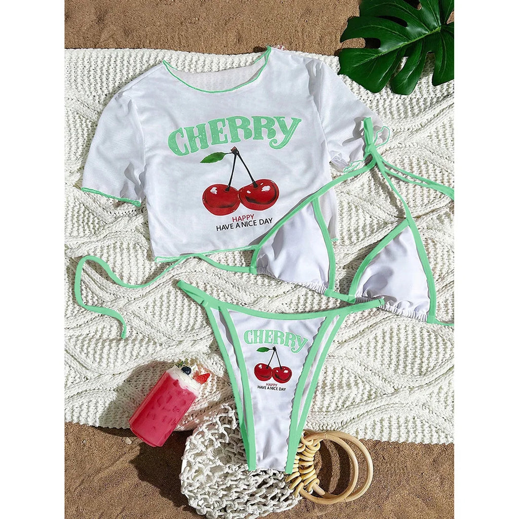 S -XL Cherry Printed Short Sleeve Bikini Female Swimsuit Women Swimwear Three-Pieces Bikini Set Bather Bathing Suit Swim V6854 - Matrix-studios.com