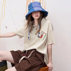 ELFSACK Asymmetric Crochet Collar Polo Shirt with Cartoon Embroidery for Women - Matrix-studios.com