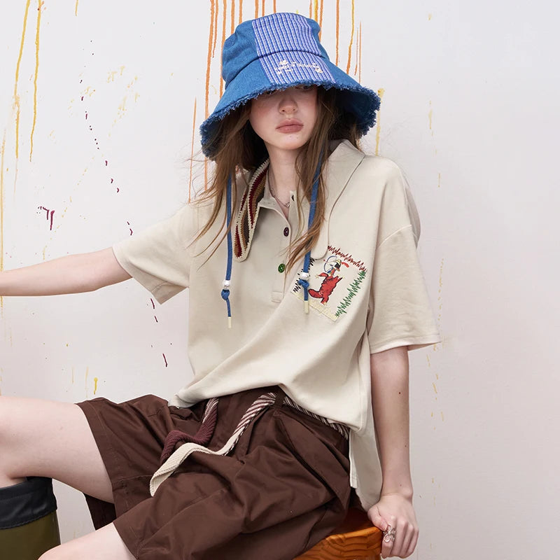 ELFSACK Asymmetric Crochet Collar Polo Shirt with Cartoon Embroidery for Women - Matrix-studios.com