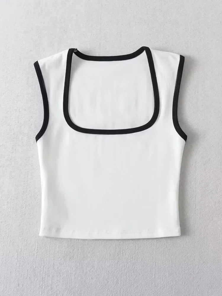Woman Fashion Slim Solid Contrust Camis Casual Sleeveless Tanks Square Collar Crop Tops Clothing Streetwear Mujer 2024 Y2k - Matrix-studios.com
