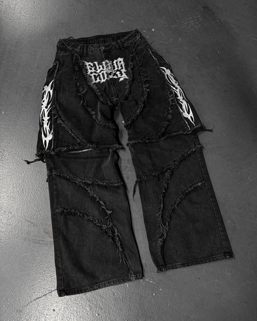 Y2k Patchwork Stripe Embroidery Fur Edge Jeans Fashion America Retro Zipper Splicing Baggy Jeans Punk Men Black Denim Pants - Matrix Studios