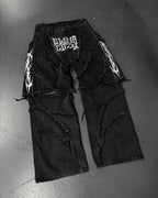 Y2k Patchwork Stripe Embroidery Fur Edge Jeans Fashion America Retro Zipper Splicing Baggy Jeans Punk Men Black Denim Pants - Matrix Studios