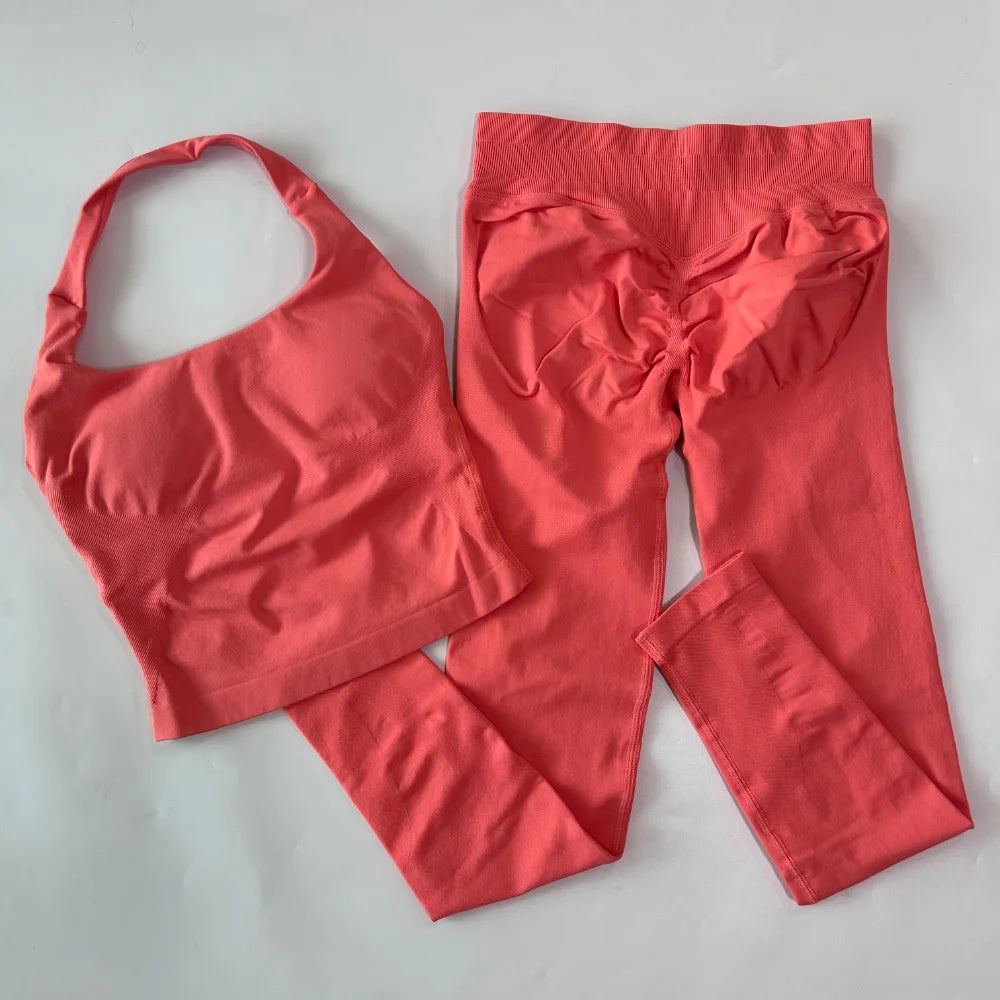 1-2pcs Gym Set Women Backless Tank Tops High Waist Scrunch Seamless Shorts High Waist Yoga Leggings Workout Sets Gym Suit - Matrix-studios.com