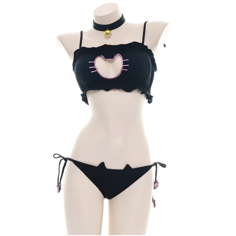 Japanese Anime Cat Cosplay Uniform Bra Panties Set Women Intimates Kawaii Lolita Hollow Out Sexy Lingerie Underwear Set - Matrix-studios.com