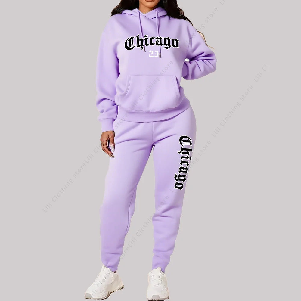 Women's Sets Hoodies Pants 2 Piece Outfits Aesthetic Sportswear Sweatsuit Chicago Graphic Letter Print Plus Size Pink Tracksuit - Matrix-studios.com