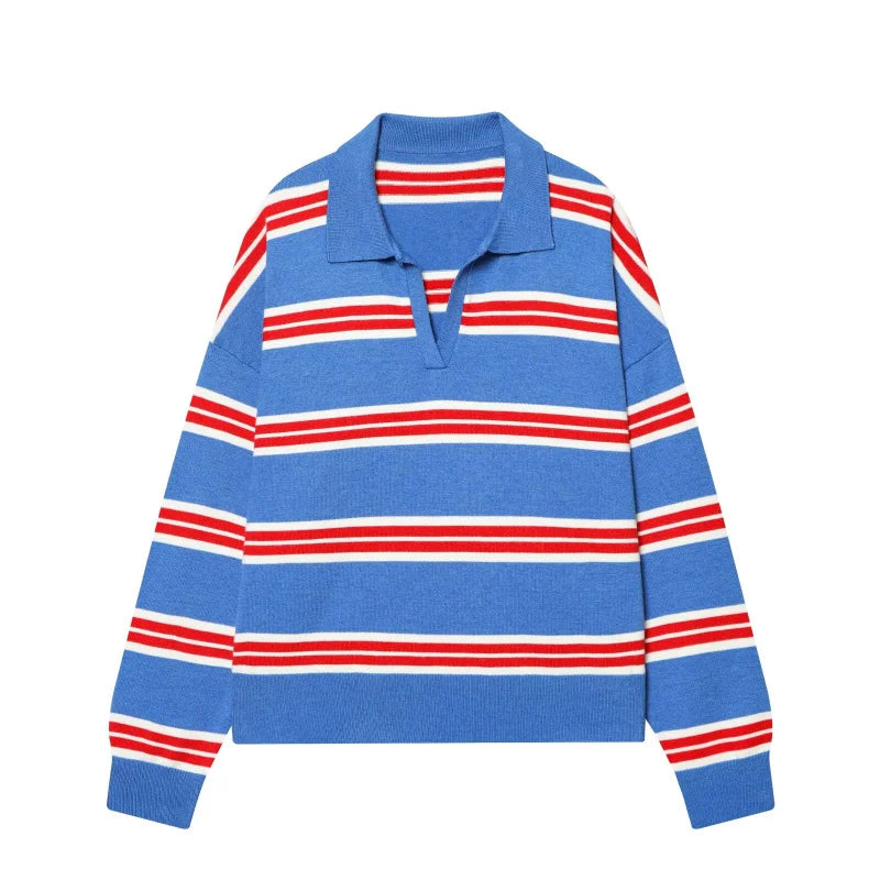 ETJ 2025 Autumn women's new line street style fashion yellow wide stripe polo neck loose version of long-sleeved sweater - Matrix-studios.com