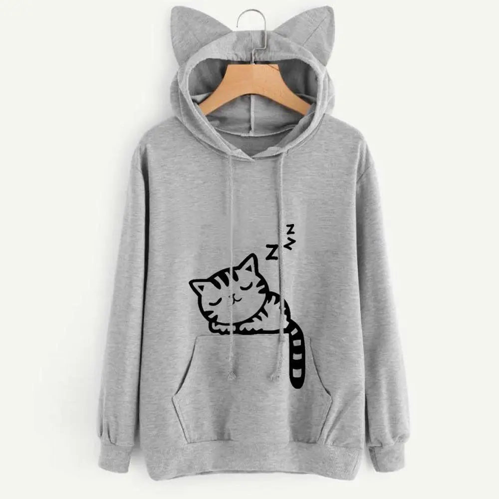 Long Sleeve Hoodies Sweatshirt For Women Cute Cat Print and Ear Kangaroo Pocket Drawstring Hooded Jogger Pullover Tops - Matrix Studios
