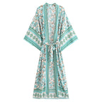 Boho Queens Women Yellow Floral Print Sashes  Kimono Ladies V Neck Batwing Sleeves Bohemian Maxi Dress Robe Cover-up - Matrix Studios