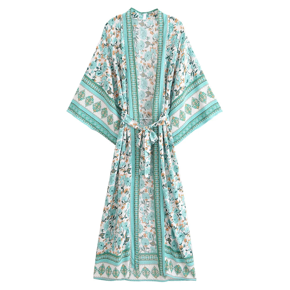 Boho Queens Women Yellow Floral Print Sashes  Kimono Ladies V Neck Batwing Sleeves Bohemian Maxi Dress Robe Cover-up - Matrix Studios