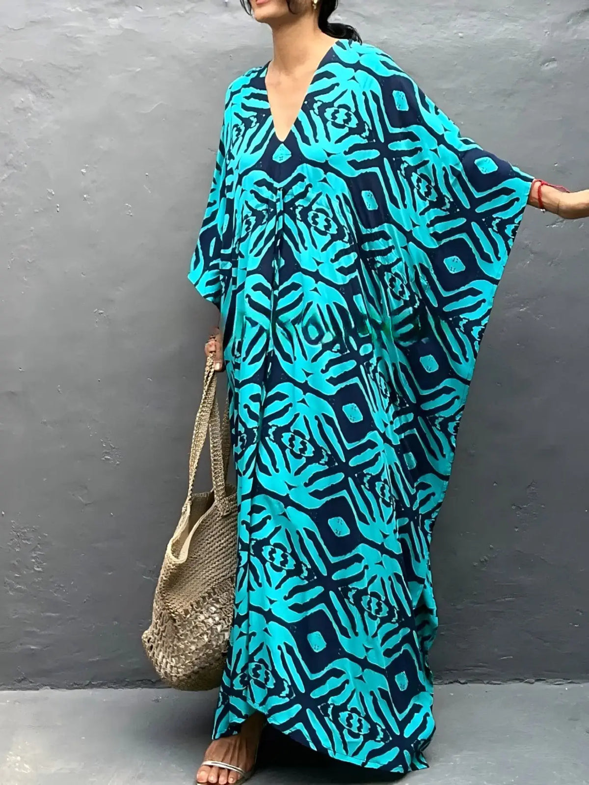 Plus Size Kaftan Dress for Swimwear Women Bathing Suit Cover Up Beach Robe Beach Dress with Print - Matrix Studios