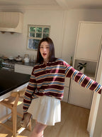 Summer Polo Shirts Woman Long Sleeve Crop Top Color Block Green Stripe Print Polo Shirts Mujer Casual Tops Striped Brown Autumn - Matrix-studios.com