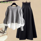 2026 Spring/Autumn New Korean Elegant Splice Fake Two Piece Knitted Sweater Dress Matching Set Women's Chic Pullover Skirt Set - Matrix-studios.com