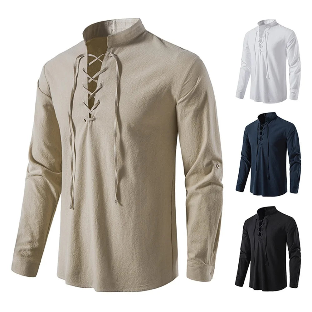 New Men's Casual Blouse Cotton Linen Shirt Tops Long Sleeve Tee Shirt Spring Autumn Slanted Placket Vintage Yoga Shirts - Matrix Studios