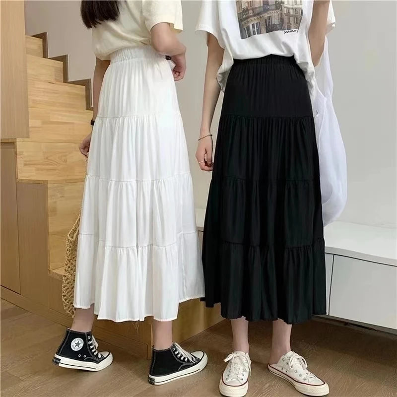 Spring Summer Women Skirts Vintage High Waist Elastic Patchwork White Black Chic Long Cake A-line Skirt - Matrix-studios.com