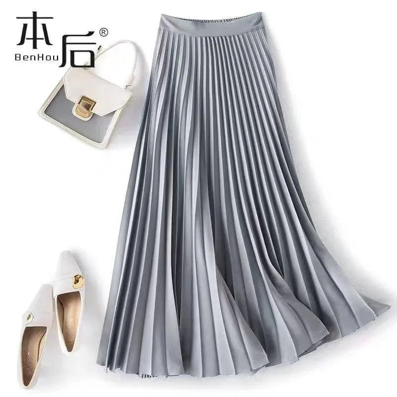 Women Vintage Midi Skirt Wide Elastic Waistband High Waist Pleated A-Line Skirt Summer Solid Color Smooth Satin Long Skirts - Matrix-studios.com