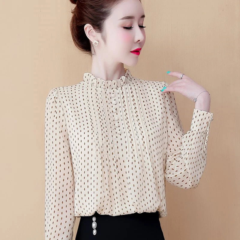Women Spring Autumn Style Chiffon Blouses Shirts Lady Casual Long Sleeve O-Neck Polka Dot Printed Chiffon Blusas Tops DD8879 - Matrix-studios.com