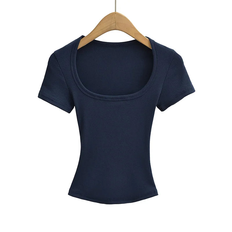 Square Collar High Stretch Summer Crop Tops Women Short Sleeve Tops Sexy Pullover Bottoming Blouses Slim T-shirt - Matrix-studios.com
