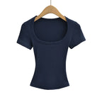 Square Collar High Stretch Summer Crop Tops Women Short Sleeve Tops Sexy Pullover Bottoming Blouses Slim T-shirt - Matrix-studios.com