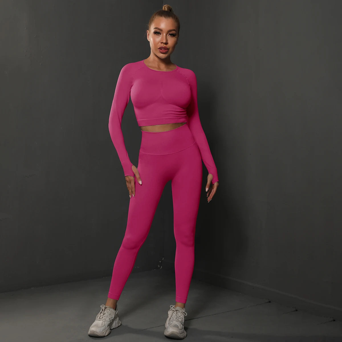 2Pcs Women Sets Energy Seamless Gym Suits Bubble Butt Sports Pants+Long Sleeve Shirts Push Up Running Sets Tracksuits Tights Set - Matrix-studios.com