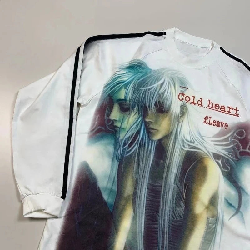 Y2k Aesthetic Gothic Anime Cartoon Print Vintage T-shirt Hiphop Patchwork Streetwear Tops Harajuku Drop Shoulder Casual Tshirts