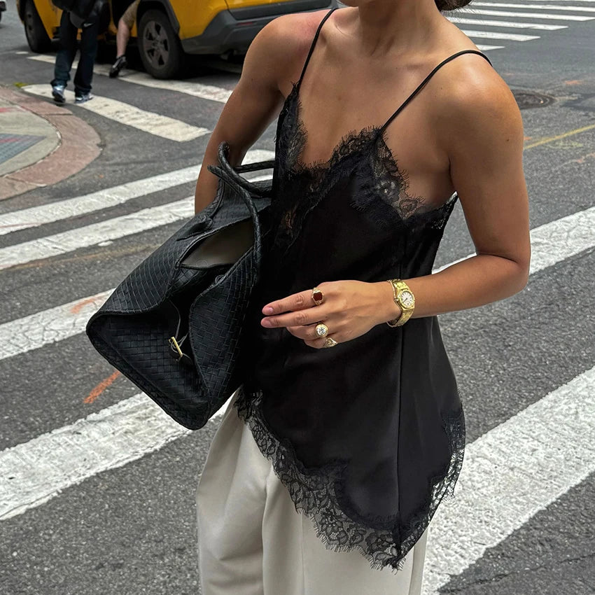 Linad Sexy Black Backless Lace Camisole Women Street Chic Spaghetti Strap Tops Female Casual Patchwork Silk Vest Female 2025 - Matrix-studios.com