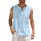 Cotton Linen Shirts Men's Casual Sleeveless Vest Lace Up Shirts Retro V Neck Tank Tops Loose Shirt Male Solid Color Clothes - Matrix Studios