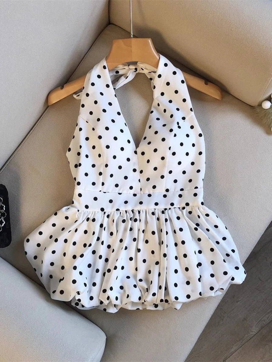 Backless Sexy Halter Beach Babydoll Crop Tops Women Polka Dots V Neck Sleeveless T Shirt Ruffles Basic Tees Not-Padded Pad - Matrix-studios.com