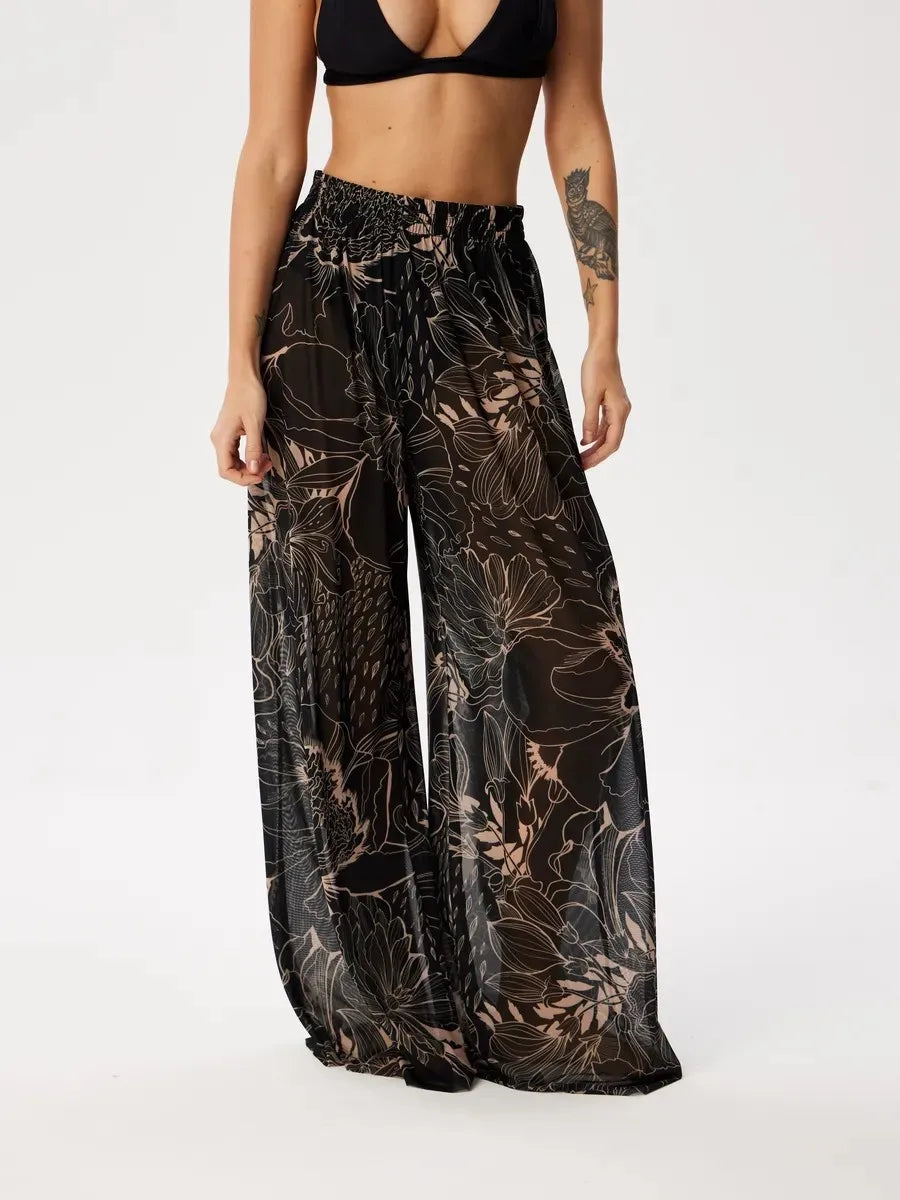Women Mesh Ruffle Trim Cover Up Pants Beach Cover Up Cover Ups For Swimwear Beach Ruffle Pants 2025 Summer Pants - Matrix Studios
