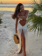 Neck 3 Piece Bikini Set with Sheer Split Maxi Skirt Sexy White Summer Beach Dress Vacations Outfits Pool Party Wear - Matrix Studios