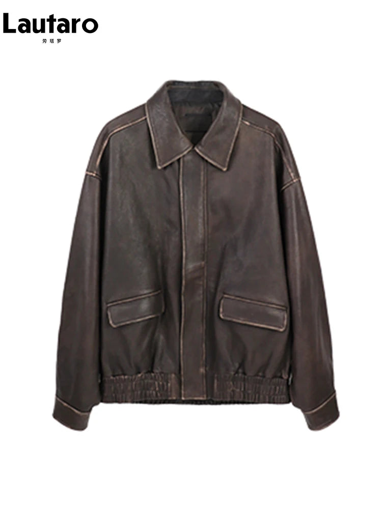 Lautaro Spring Autumn Cool Handsome Retro Oversized Distressed Brown Soft Faux Leather Jackets for Women Zipper Runway Fashion - Matrix Studios