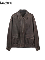 Lautaro Spring Autumn Cool Handsome Retro Oversized Distressed Brown Soft Faux Leather Jackets for Women Zipper Runway Fashion - Matrix Studios