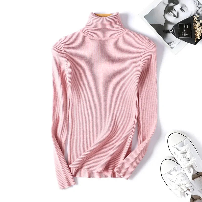 Casual Soft Polo-neck Jumper New Autumn Winter Women Knitted Turtleneck Sweater Fashion Slim Elasticity Solid Ribbed Pullovers - Matrix Studios